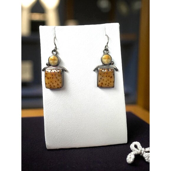 Vintage Sterling Silver Petrified Palm Goddess Dangle Earrings Pierced - Picture 1 of 7